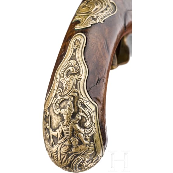 A silver-inlaid flintlock pistol, Ulrich M&auml;ntz, Brunswick, ca. 1740