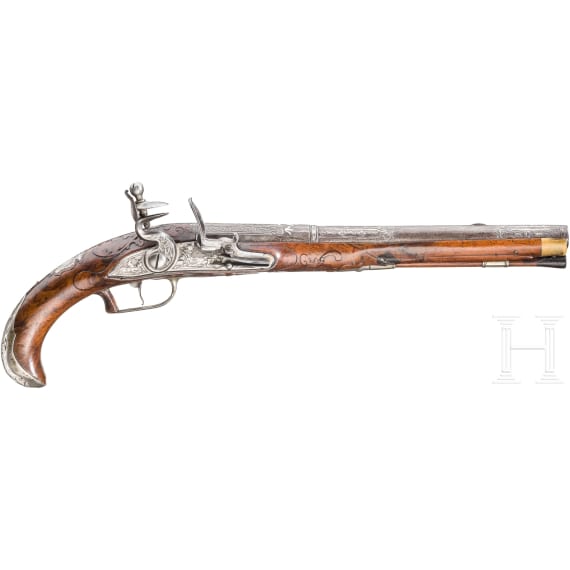 A silver-mounted long flintlock pistol, Dresden, ca. 1740