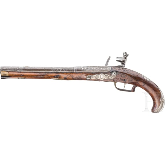 A silver-mounted long flintlock pistol, Dresden, ca. 1740
