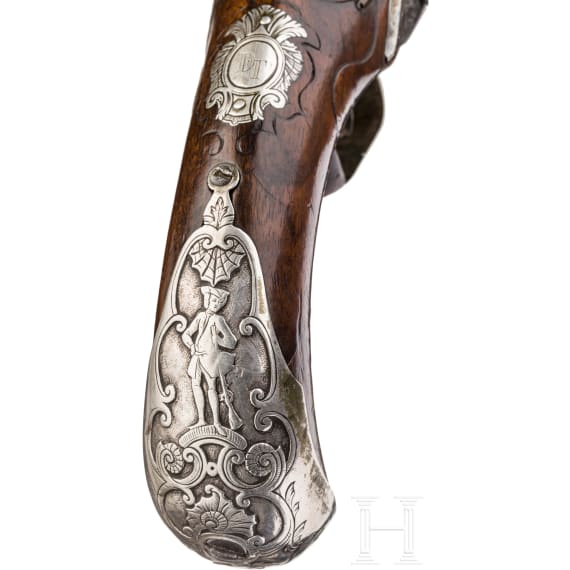 A silver-mounted long flintlock pistol, Dresden, ca. 1740