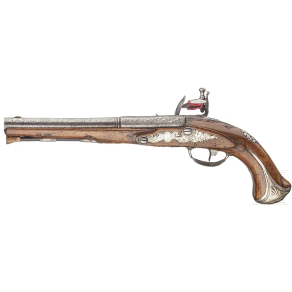A German silver-mounted flintlock pistol by J.P. Meier, circa 1760