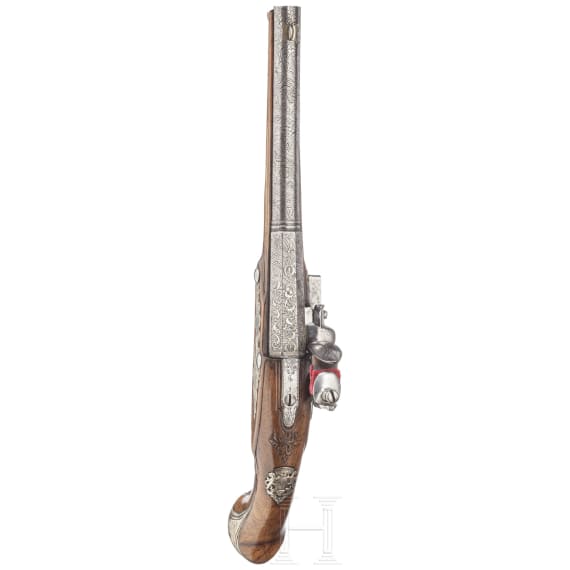 A German silver-mounted flintlock pistol by J.P. Meier, circa 1760