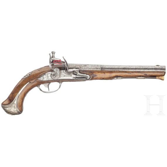 A German silver-mounted flintlock pistol by J.P. Meier, circa 1760