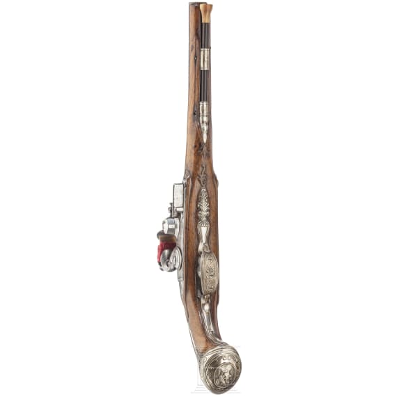 A German silver-mounted flintlock pistol by J.P. Meier, circa 1760