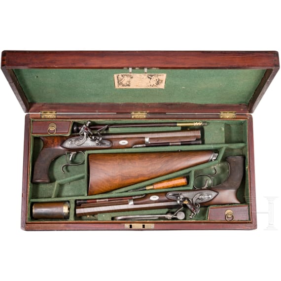 A cased pair of flintlock pistols with a detachable stock, H. W. Mortimer & Co. of London, circa 1810