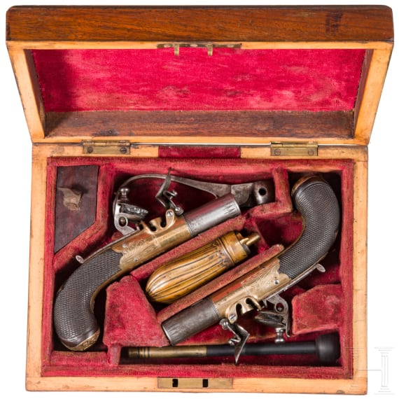 A pair of flintlock terzerols in case, Green in Canterbury, circa 1810
