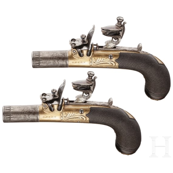 A pair of flintlock terzerols in case, Green in Canterbury, circa 1810