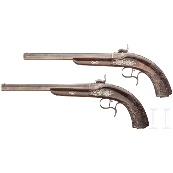 A cased pair of percussion pistols, Lebeda, Prague, circa 1840/50