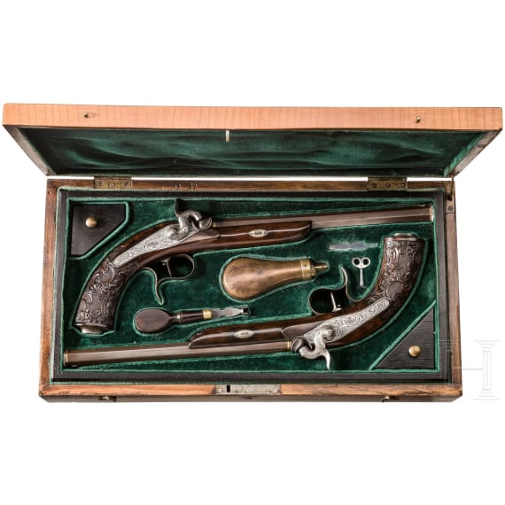 A cased pair of percussion pistols, Lebeda, Prague, circa 1840/50