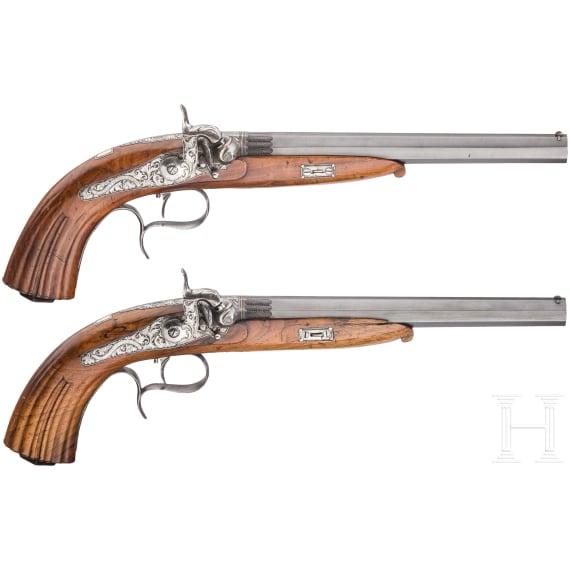 A pair of percussion target pistols, I. Schmidt in G&uuml;strow, ca. 1850