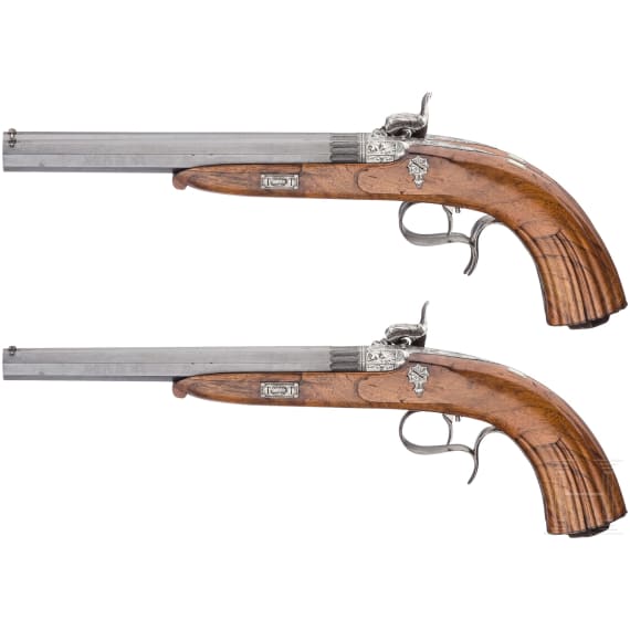 A pair of percussion target pistols, I. Schmidt in G&uuml;strow, ca. 1850