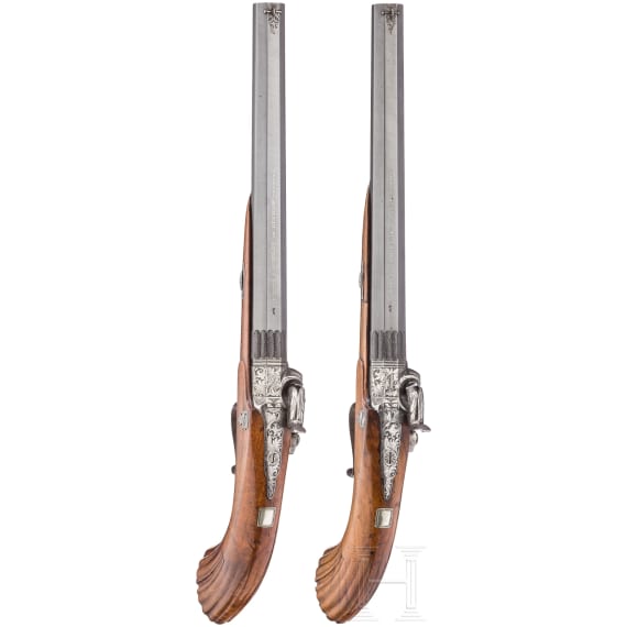 A pair of percussion target pistols, I. Schmidt in G&uuml;strow, ca. 1850