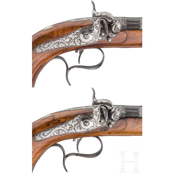 A pair of percussion target pistols, I. Schmidt in G&uuml;strow, ca. 1850