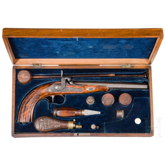 A cased percussion pistol, Ulrich Roos & Sohn, Stuttgart, circa 1850