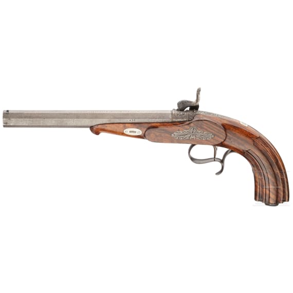 A cased percussion pistol, Ulrich Roos & Sohn, Stuttgart, circa 1850