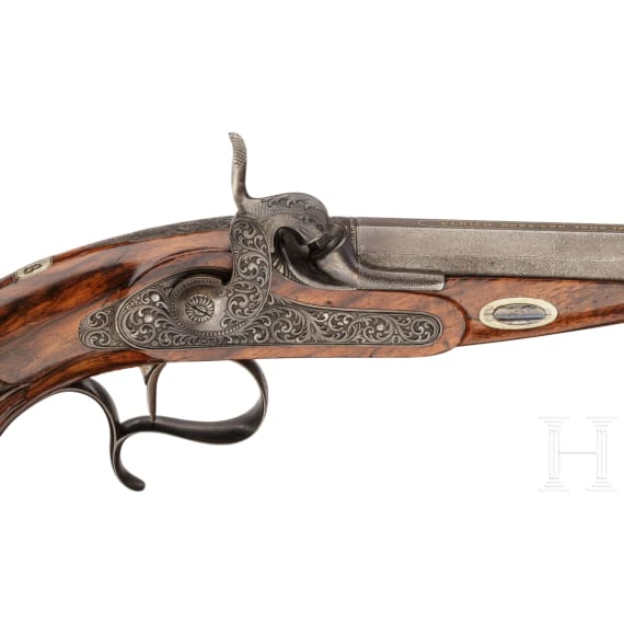 A cased percussion pistol, Ulrich Roos & Sohn, Stuttgart, circa 1850