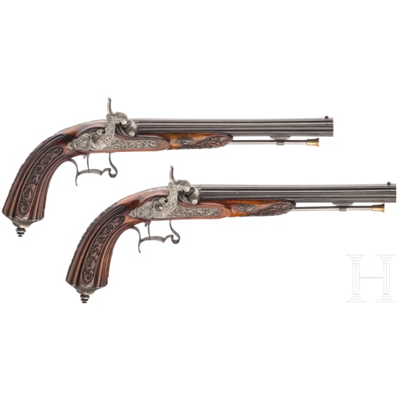 A cased pair of percussion pistols, Francotte of Li&egrave;ge, circa 1850