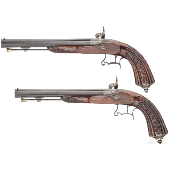 A cased pair of percussion pistols, Francotte of Li&egrave;ge, circa 1850