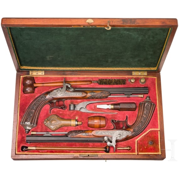 A cased pair of percussion pistols, Francotte of Li&egrave;ge, circa 1850