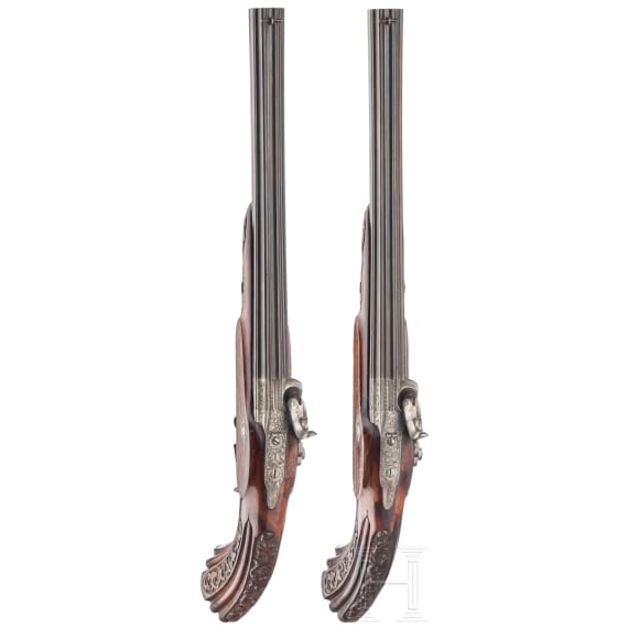 A cased pair of percussion pistols, Francotte of Li&egrave;ge, circa 1850