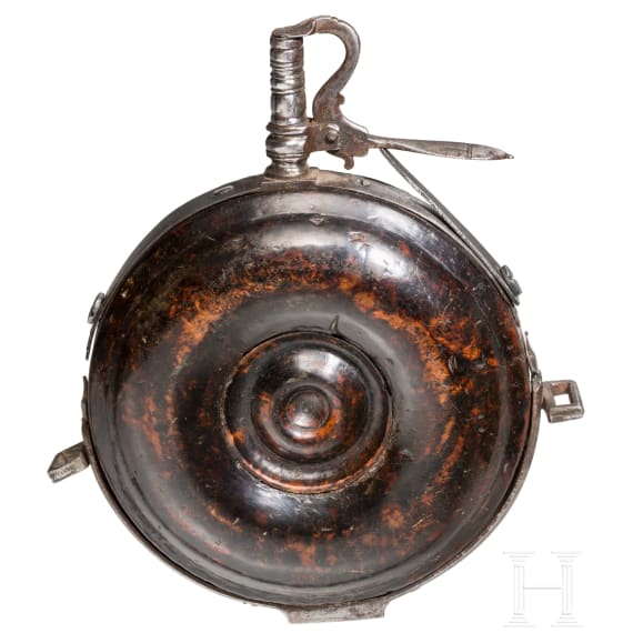A turned wooden powder flask, German, ca. 1620