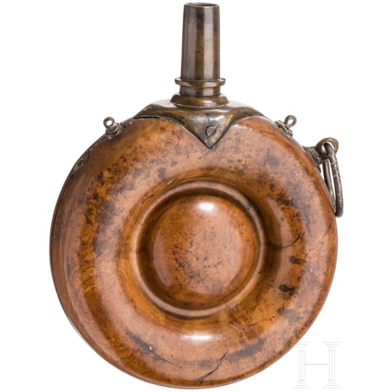 A wooden powder flask, France, 17th century