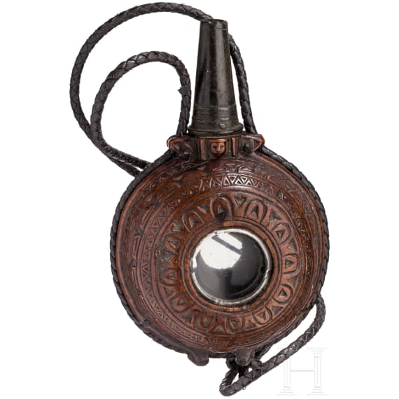 A rare French priming powder flask with viewing windows, 17th century
