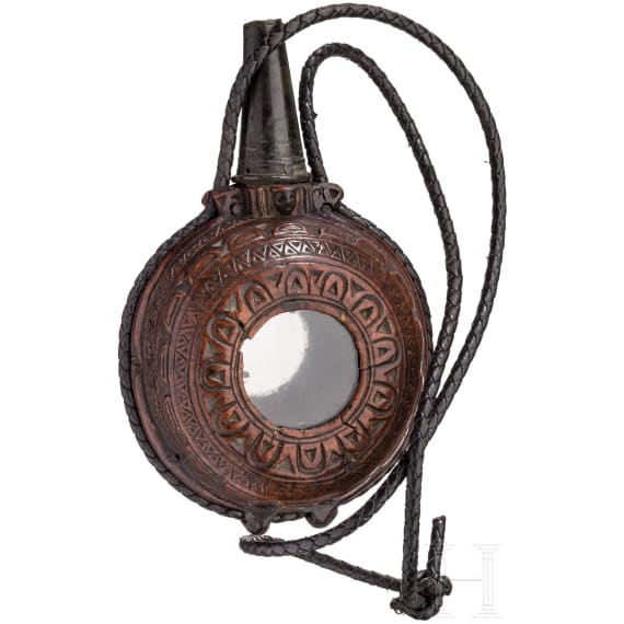 A rare French priming powder flask with viewing windows, 17th century