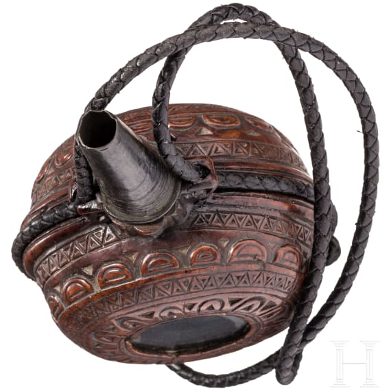 A rare French priming powder flask with viewing windows, 17th century