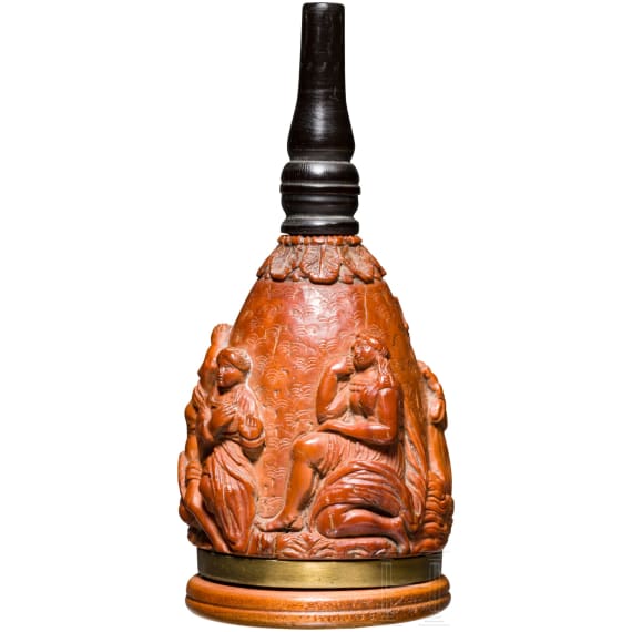 A carved boxwood priming flask, German, ca. 1700
