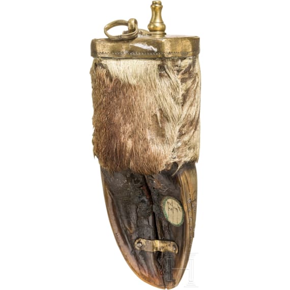 A silver inlaid powder flask made from a deer or mosse hoof, German, 18th century