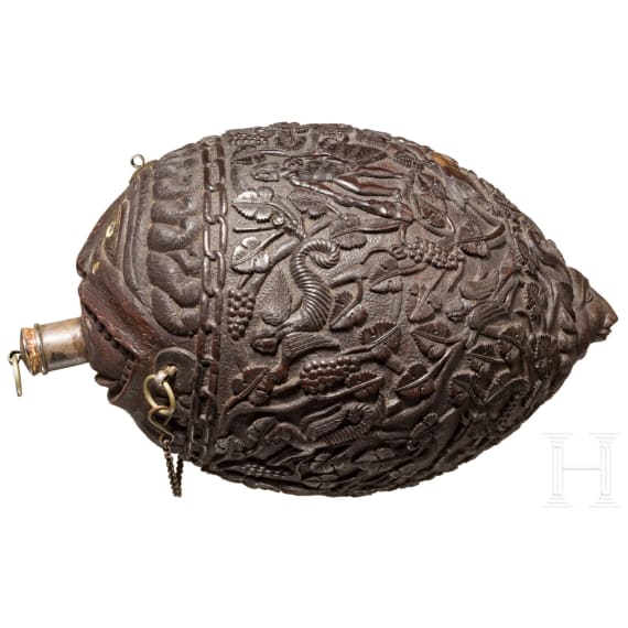 A Dutch-Colonial, probably Indonesian coconut powder horn, 19th century