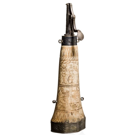 A fine Italian powder-flask made of cow bone, historicism in the style of the Renaissance around 1580, 19th century