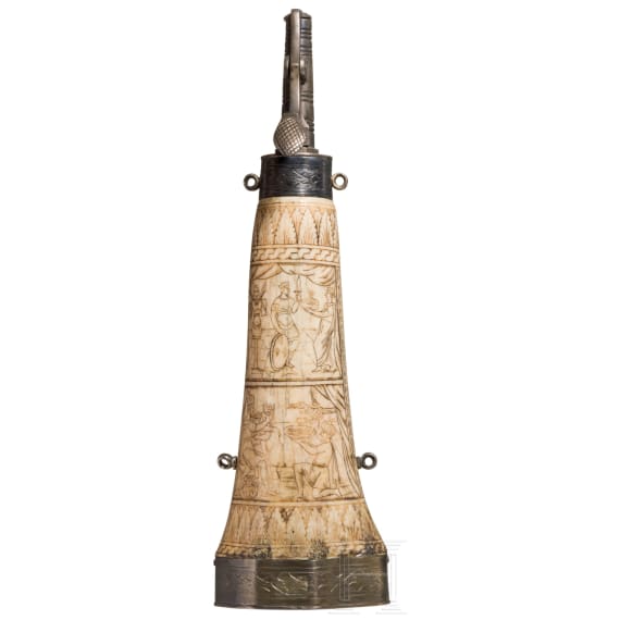 A fine Italian powder-flask made of cow bone, historicism in the style of the Renaissance around 1580, 19th century