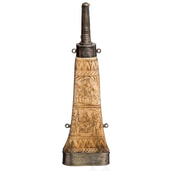 A fine Italian powder-flask made of cow bone, historicism in the style of the Renaissance around 1580, 19th century