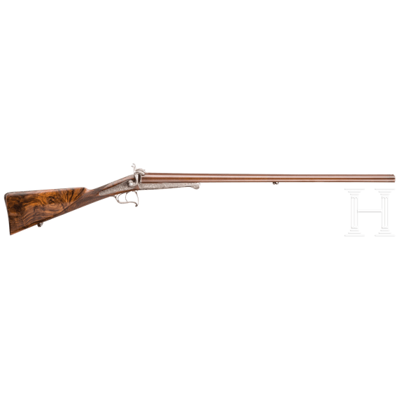 A Damascus steel pinfire side-by-side shotgun by Leopold Bernard, Paris 1877