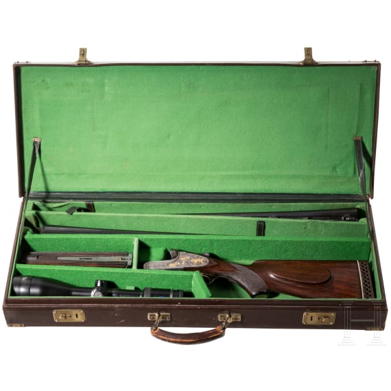 A Merkel double-rifle with Zeiss scope, and a side-by-side shotgun barrel set with case