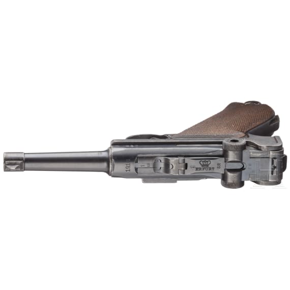 A pistol 08, Erfurt 1918 with holster and two magazines with matching numbers