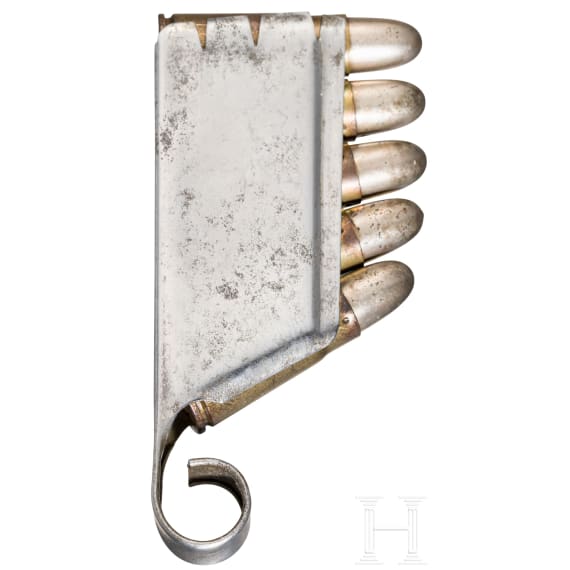 A cartridge clip with five cartridges cal. 6,5 mm Bergmann No. 3
