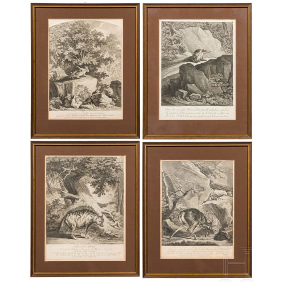 Johann Elias Ridinger, four framed copper engravings showing wild animals, Augsburg, ca. 1760