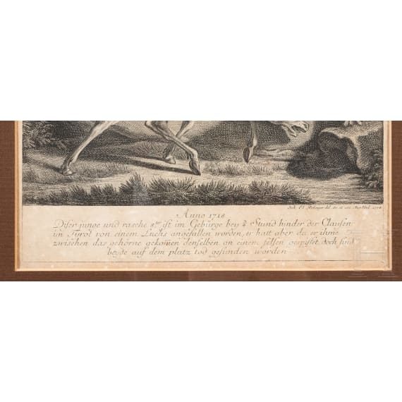 Johann Elias Ridinger, four framed copper engravings showing wild animals, Augsburg, ca. 1760