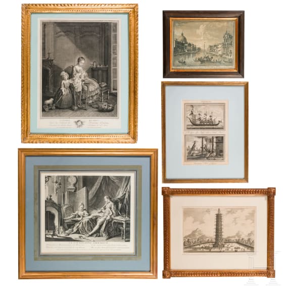 A set of five French and English prints, 18th/19th century