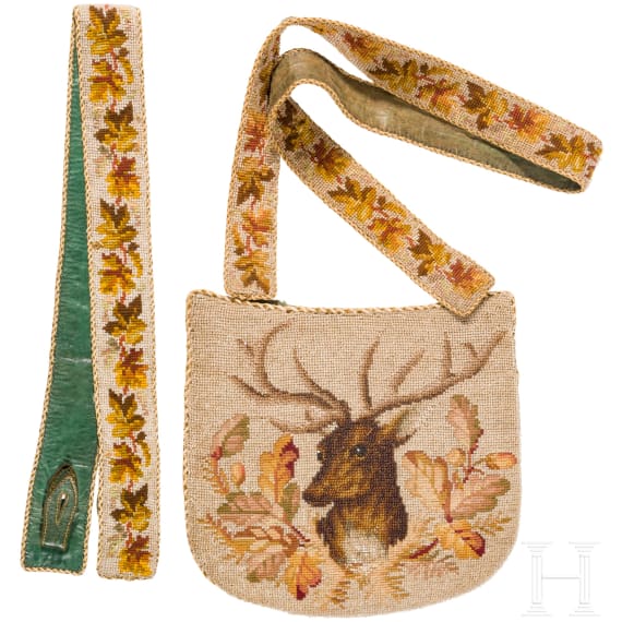 A hunting bag and rifle strap with pearl embroidery, German, mid 19th century