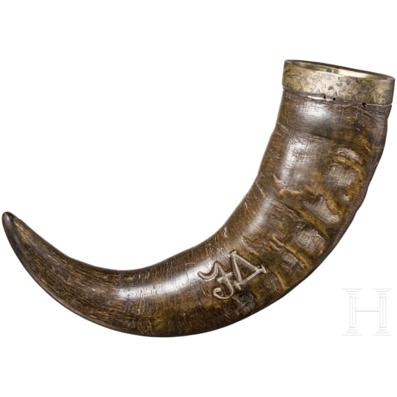 A German silver-mounted drinking horn with hunting motifs, 17th/18th century