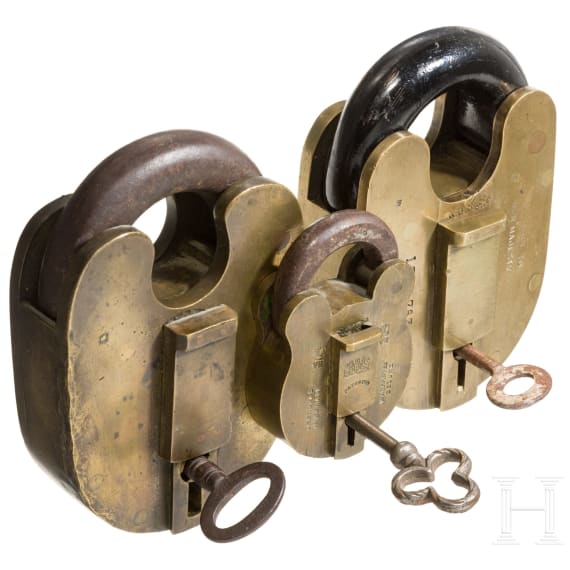 Three Victorian brass padlocks, London, 19th century