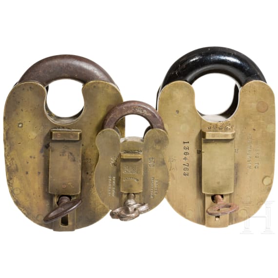 Three Victorian brass padlocks, London, 19th century