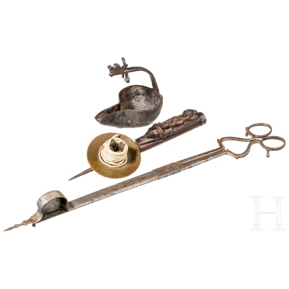 Two lamps and a wick cutter, German/Dutch, 18th/19th century