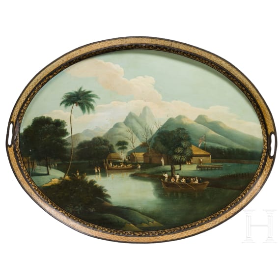 A large probably English neo classical tray with fine painting in the style of the Stobwasser manufactory, early 19th century
