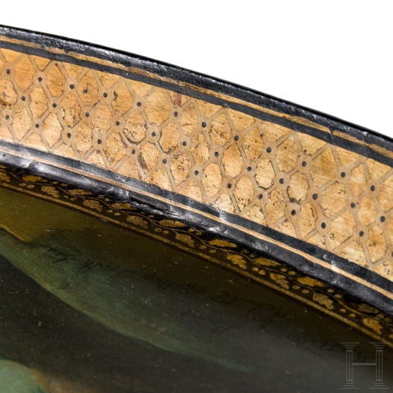A large probably English neo classical tray with fine painting in the style of the Stobwasser manufactory, early 19th century