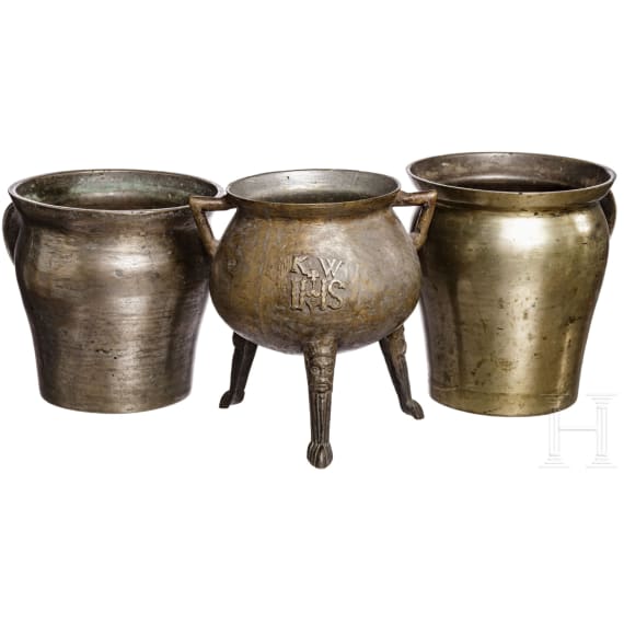 An Alpine bronze cauldron and two bronze pots, 18th century